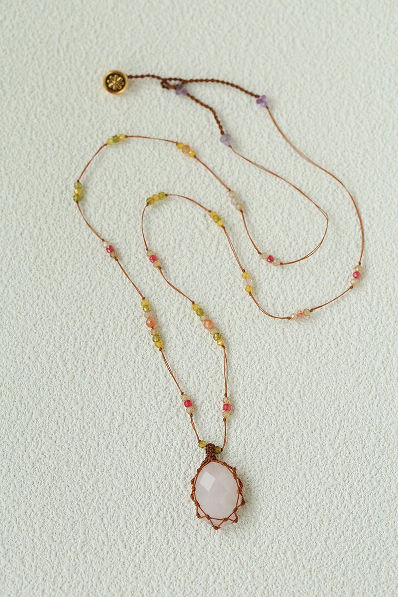 Handcrafted Macrame Crystal Pendant Necklace - Oval Labradorite Rose Quartz Strawberry Quartz Long Necklace - floysun