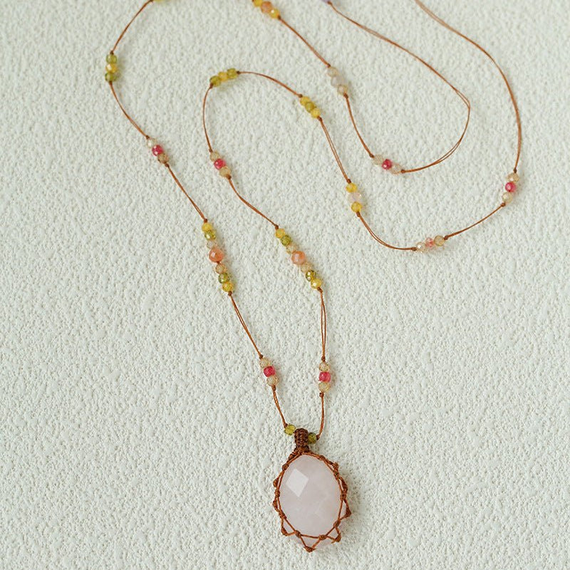 Handcrafted Macrame Crystal Pendant Necklace - Oval Labradorite Rose Quartz Strawberry Quartz Long Necklace - floysun