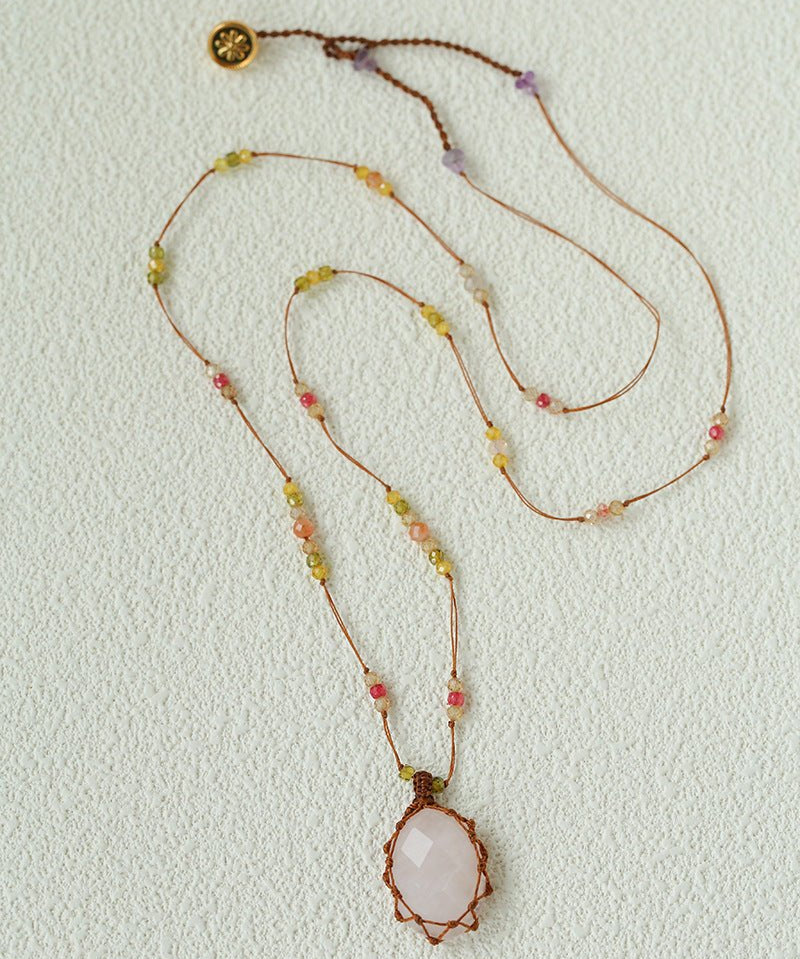 Handcrafted Macrame Crystal Pendant Necklace - Oval Labradorite Rose Quartz Strawberry Quartz Long Necklace - floysun