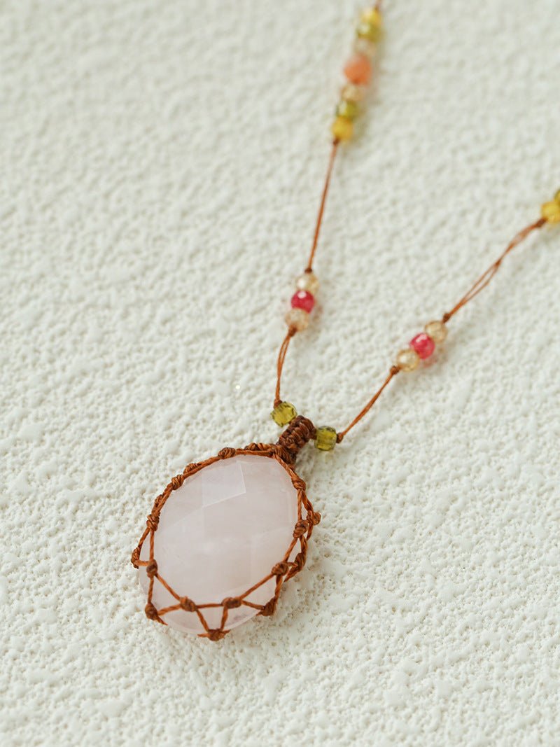 Handcrafted Macrame Crystal Pendant Necklace - Oval Labradorite Rose Quartz Strawberry Quartz Long Necklace - floysun