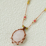 Handcrafted Macrame Crystal Pendant Necklace - Oval Labradorite Rose Quartz Strawberry Quartz Long Necklace - floysun