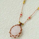 Handcrafted Macrame Crystal Pendant Necklace - Oval Labradorite Rose Quartz Strawberry Quartz Long Necklace - floysun
