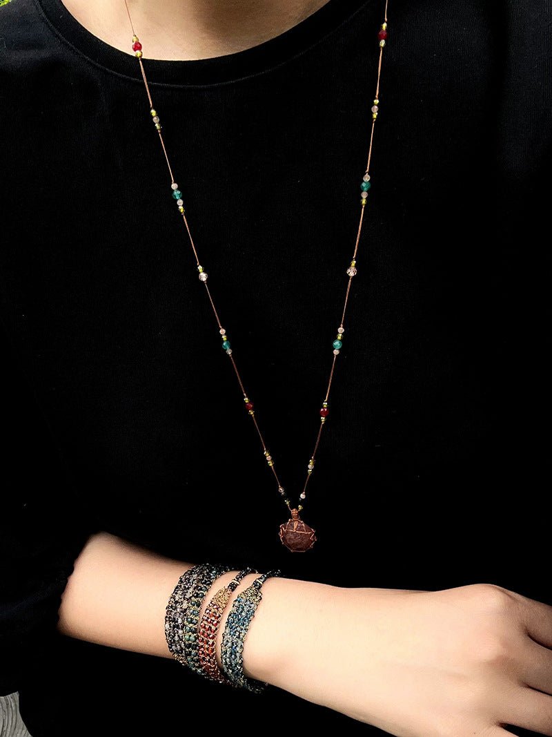 Handcrafted Macrame Crystal Pendant Necklace - Oval Labradorite Rose Quartz Strawberry Quartz Long Necklace - floysun