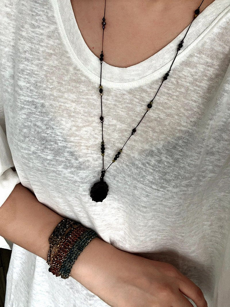 Handcrafted Macrame Crystal Pendant Necklace - Oval Labradorite Rose Quartz Strawberry Quartz Long Necklace - floysun