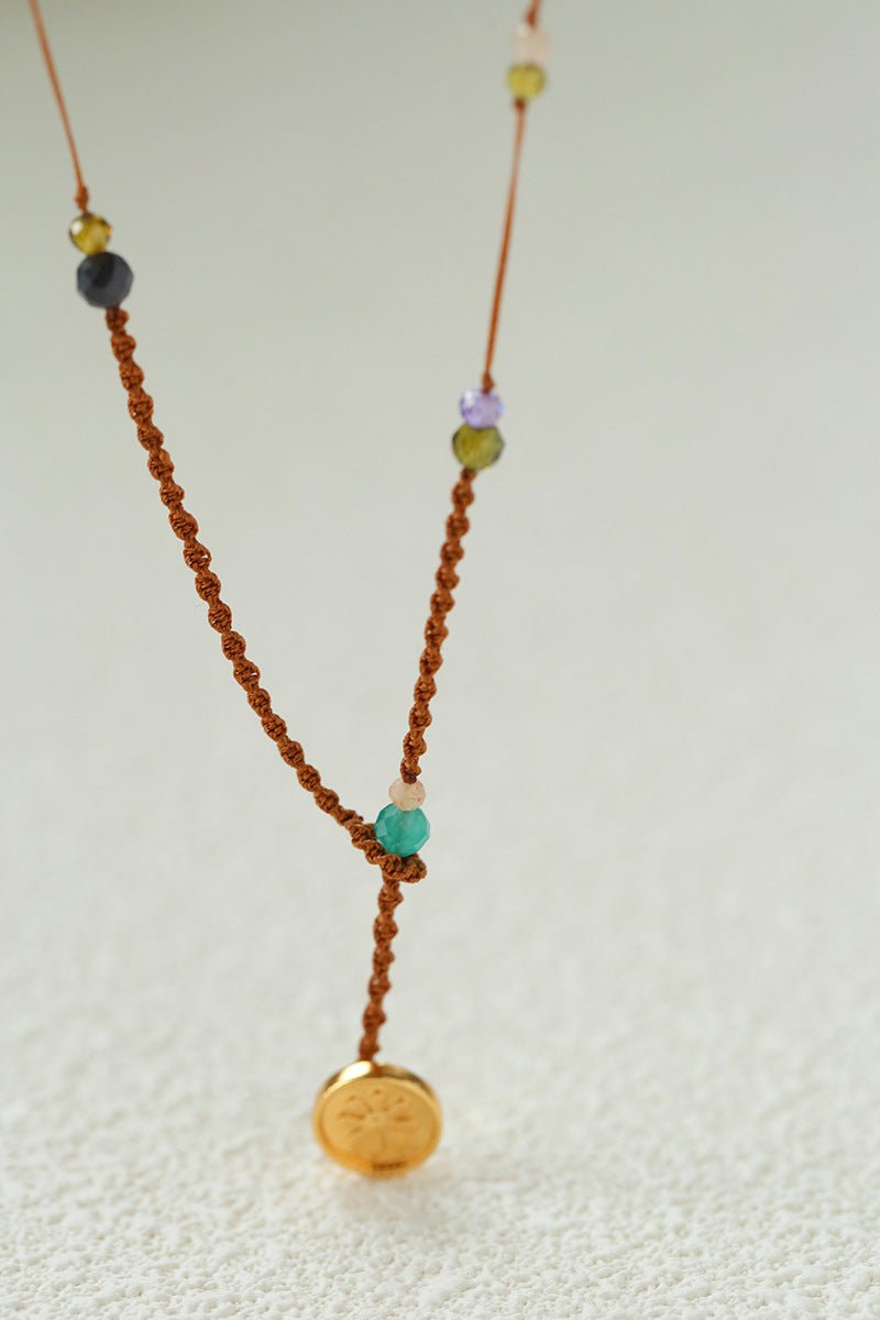 Handcrafted Macrame Crystal Pendant Necklace - Oval Labradorite Rose Quartz Strawberry Quartz Long Necklace - floysun