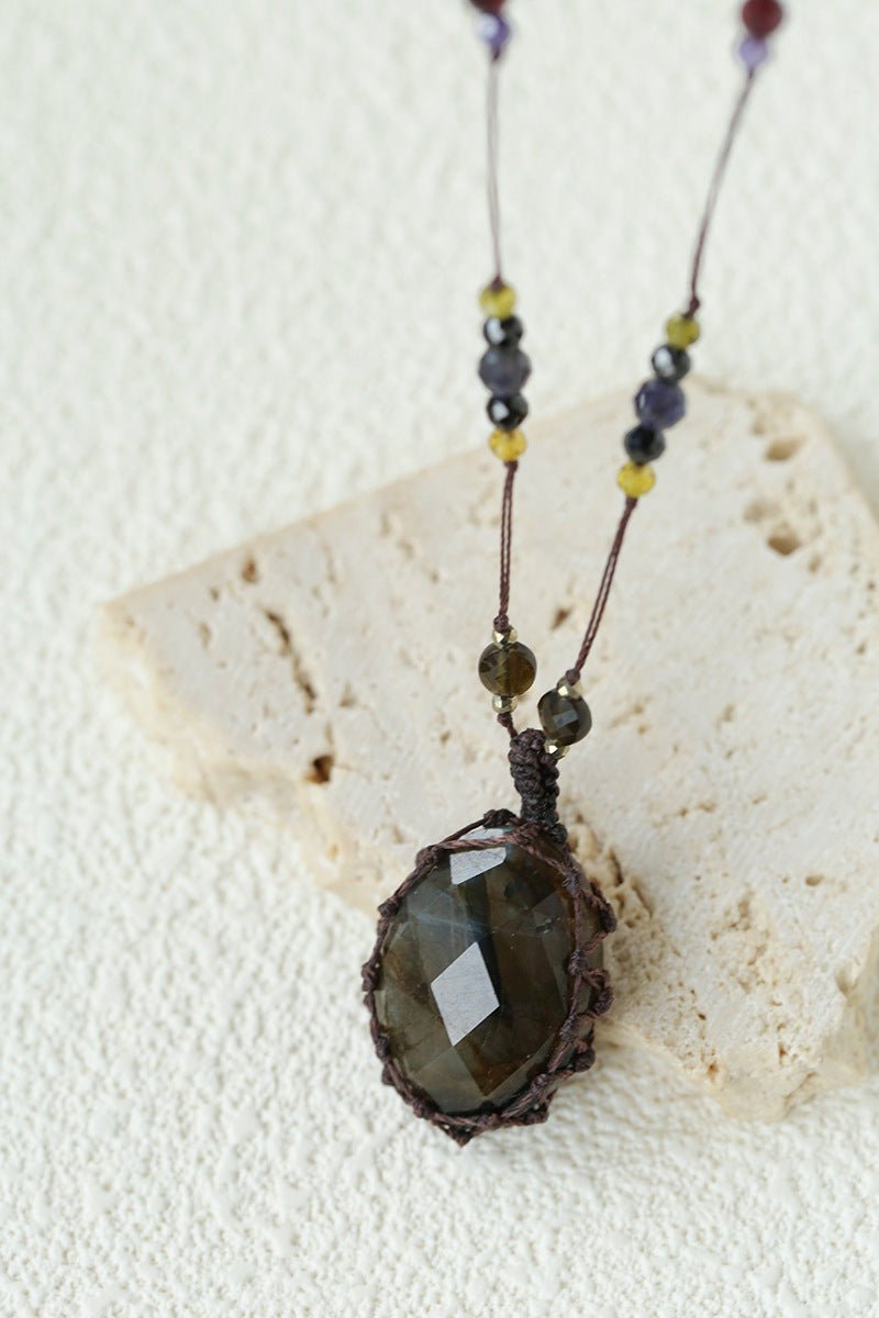 Handcrafted Macrame Crystal Pendant Necklace - Oval Labradorite Rose Quartz Strawberry Quartz Long Necklace - floysun