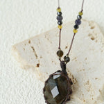 Handcrafted Macrame Crystal Pendant Necklace - Oval Labradorite Rose Quartz Strawberry Quartz Long Necklace - floysun