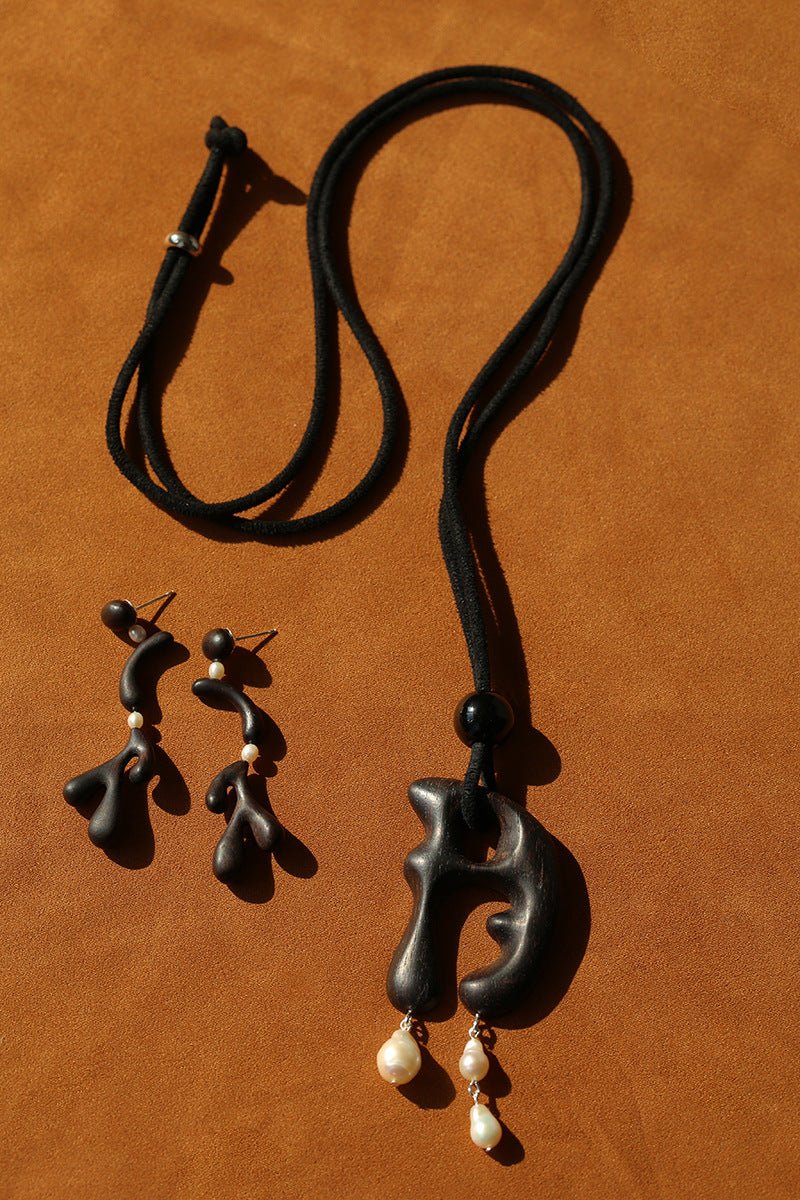 Handcrafted Sculptural Ebony Wood & Freshwater Pearl Drop Earrings - floysun
