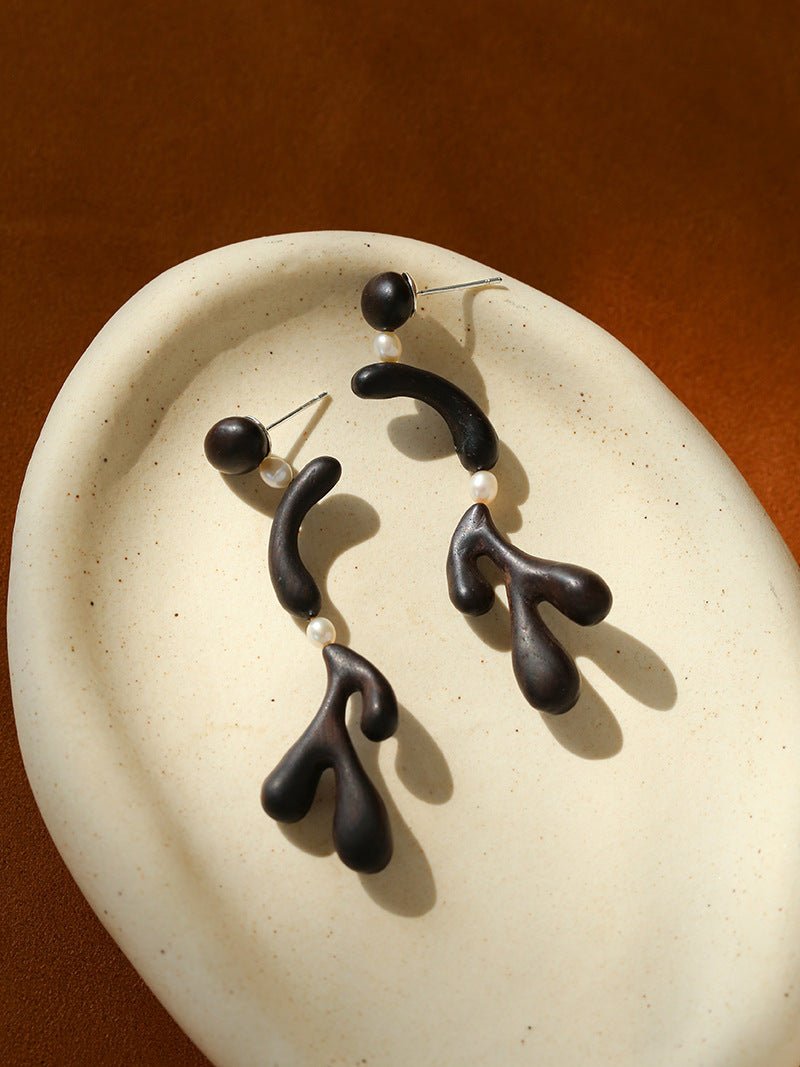 Handcrafted Sculptural Ebony Wood & Freshwater Pearl Drop Earrings - floysun
