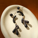 Handcrafted Sculptural Ebony Wood & Freshwater Pearl Drop Earrings - floysun