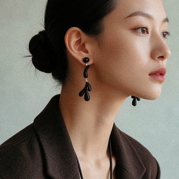 Handcrafted Sculptural Ebony Wood & Freshwater Pearl Drop Earrings - floysun