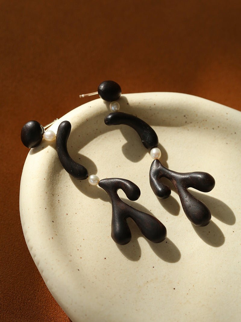 Handcrafted Sculptural Ebony Wood & Freshwater Pearl Drop Earrings - floysun