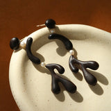 Handcrafted Sculptural Ebony Wood & Freshwater Pearl Drop Earrings - floysun