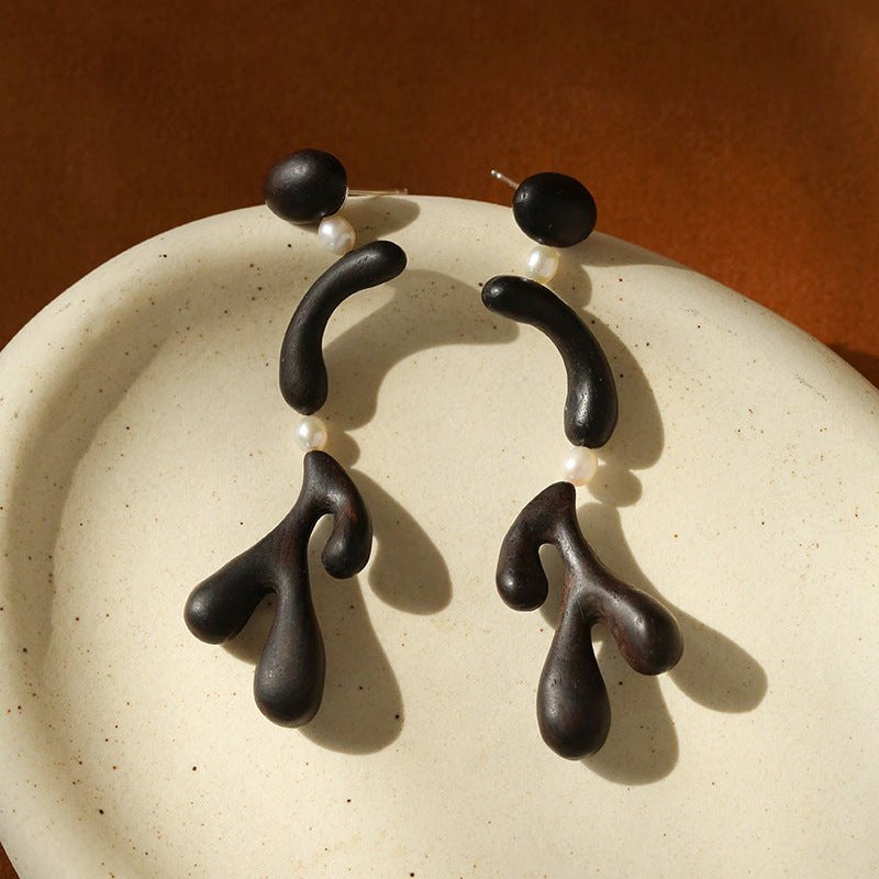 Handcrafted Sculptural Ebony Wood & Freshwater Pearl Drop Earrings - floysun