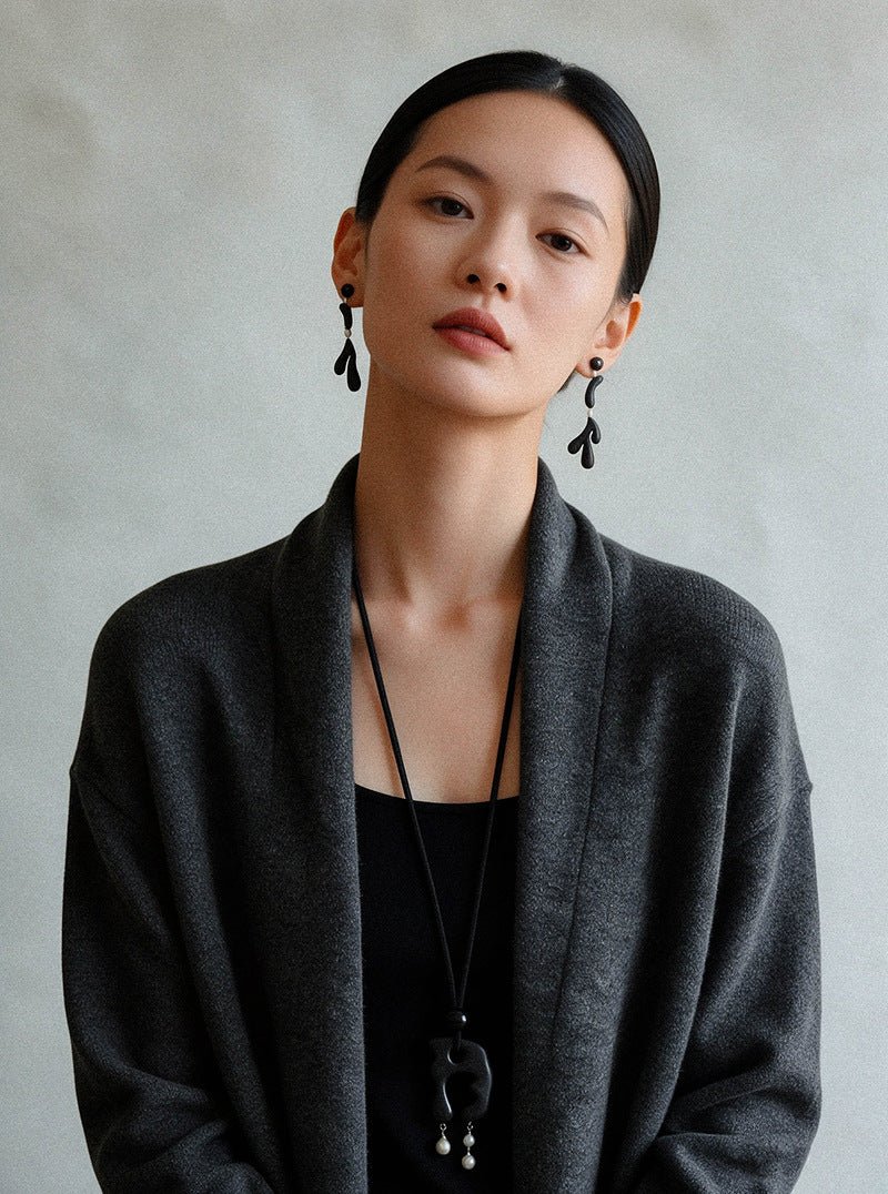 Handcrafted Sculptural Ebony Wood & Freshwater Pearl Drop Earrings - floysun