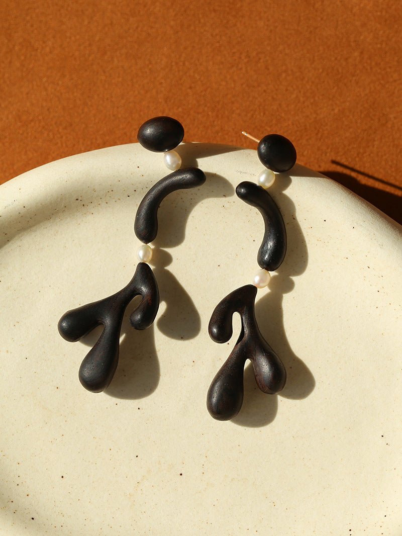 Handcrafted Sculptural Ebony Wood & Freshwater Pearl Drop Earrings - floysun