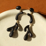 Handcrafted Sculptural Ebony Wood & Freshwater Pearl Drop Earrings - floysun