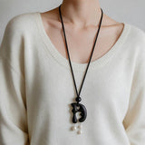 Handcrafted Sculptural Ebony Wood & Freshwater Pearl Long Pendant Necklace - floysun