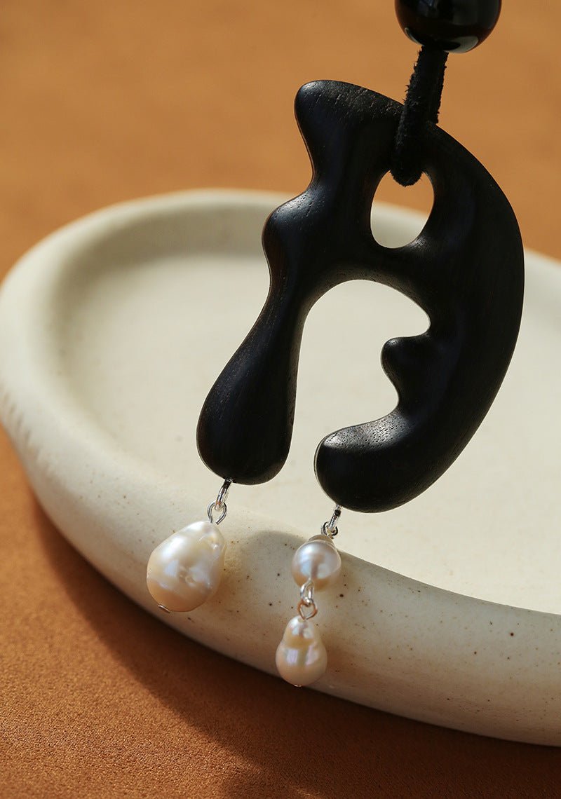 Handcrafted Sculptural Ebony Wood & Freshwater Pearl Long Pendant Necklace - floysun