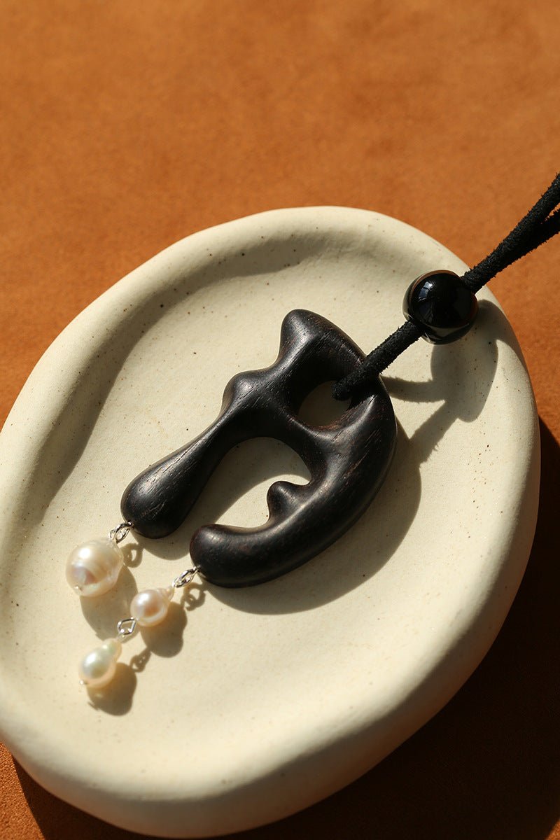 Handcrafted Sculptural Ebony Wood & Freshwater Pearl Long Pendant Necklace - floysun