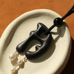 Handcrafted Sculptural Ebony Wood & Freshwater Pearl Long Pendant Necklace - floysun