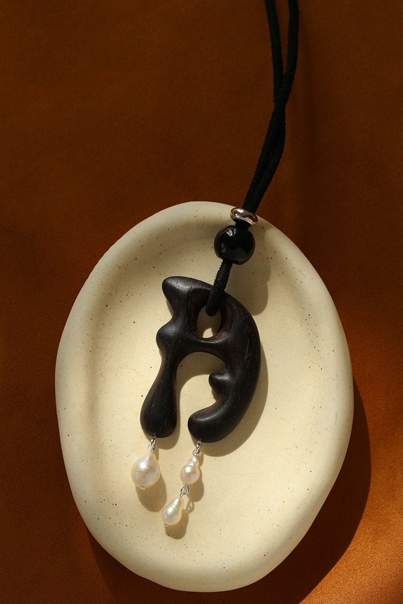 Handcrafted Sculptural Ebony Wood & Freshwater Pearl Long Pendant Necklace - floysun
