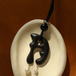 Handcrafted Sculptural Ebony Wood & Freshwater Pearl Long Pendant Necklace - floysun