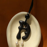Handcrafted Sculptural Ebony Wood & Freshwater Pearl Long Pendant Necklace - floysun