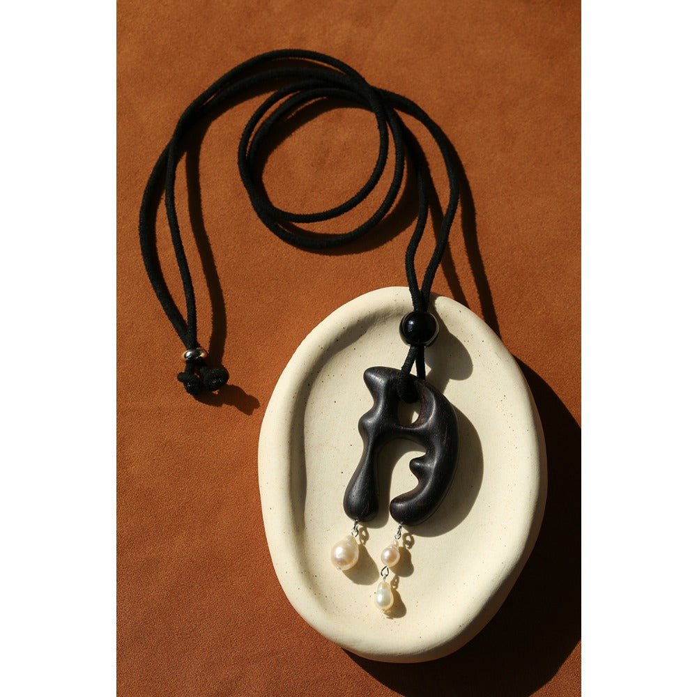 Handcrafted Sculptural Ebony Wood & Freshwater Pearl Long Pendant Necklace - floysun