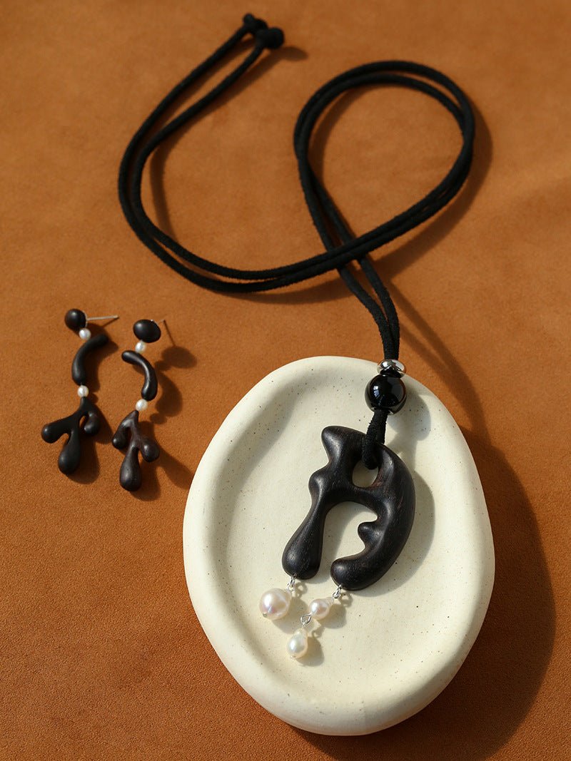 Handcrafted Sculptural Ebony Wood & Freshwater Pearl Long Pendant Necklace - floysun