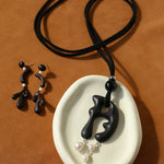 Handcrafted Sculptural Ebony Wood & Freshwater Pearl Long Pendant Necklace - floysun