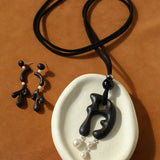Handcrafted Sculptural Ebony Wood & Freshwater Pearl Long Pendant Necklace - floysun