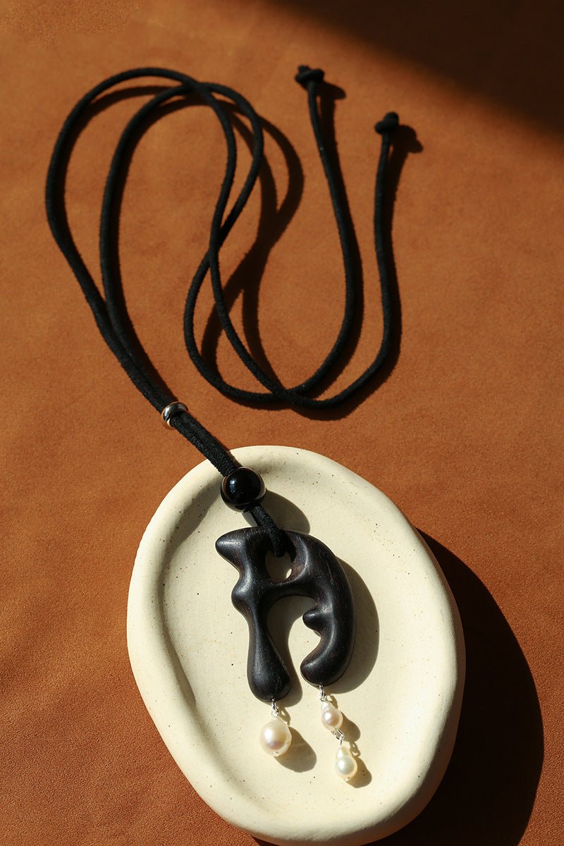 Handcrafted Sculptural Ebony Wood & Freshwater Pearl Long Pendant Necklace - floysun