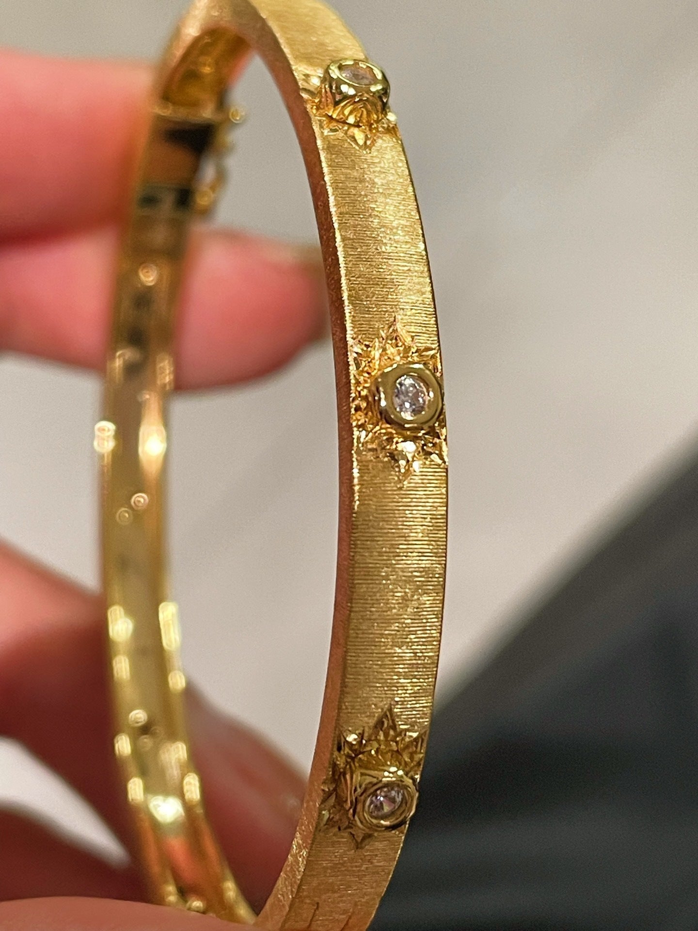 Handcrafted Starburst Brushed Bangle - Vintage 18K Gold Plated S925 Silver Bracelet - floysun