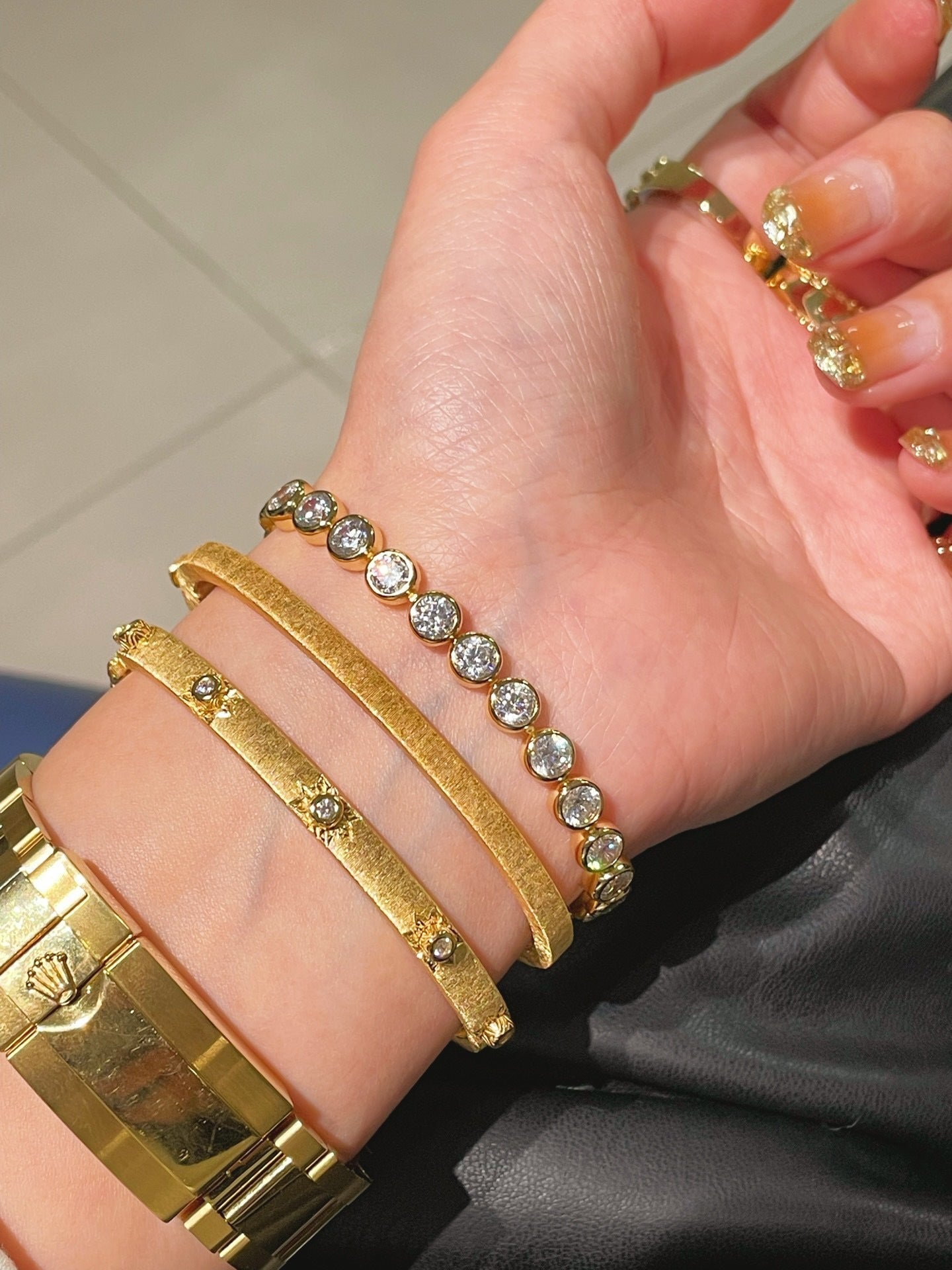 Handcrafted Starburst Brushed Bangle - Vintage 18K Gold Plated S925 Silver Bracelet - floysun