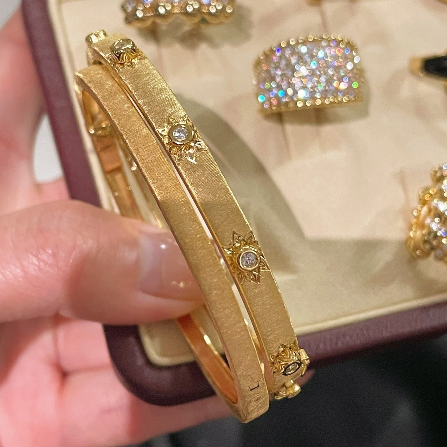 Handcrafted Starburst Brushed Bangle - Vintage 18K Gold Plated S925 Silver Bracelet - floysun