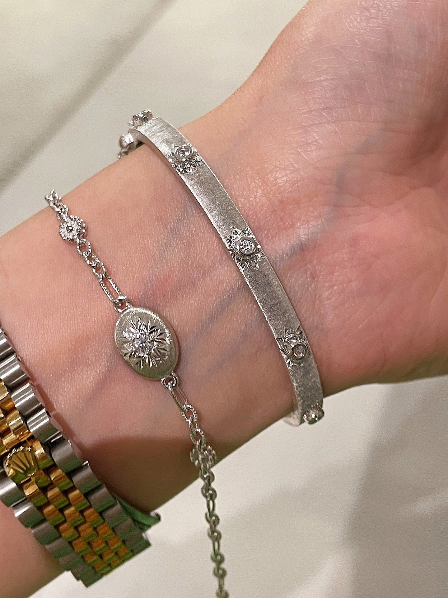 Handcrafted Starburst Brushed Bangle - Vintage 18K Gold Plated S925 Silver Bracelet - floysun