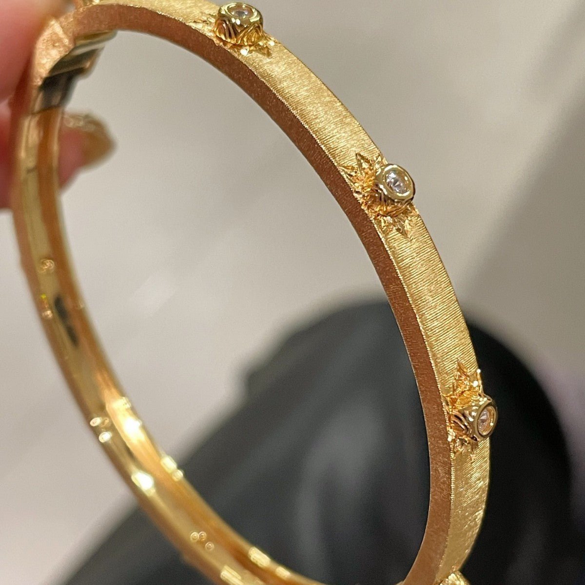 Handcrafted Starburst Brushed Bangle - Vintage 18K Gold Plated S925 Silver Bracelet - floysun
