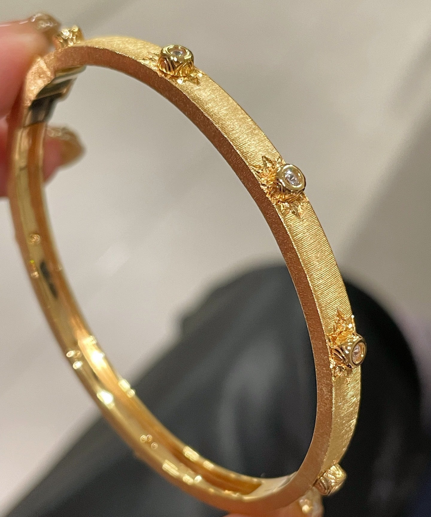 Handcrafted Starburst Brushed Bangle - Vintage 18K Gold Plated S925 Silver Bracelet - floysun