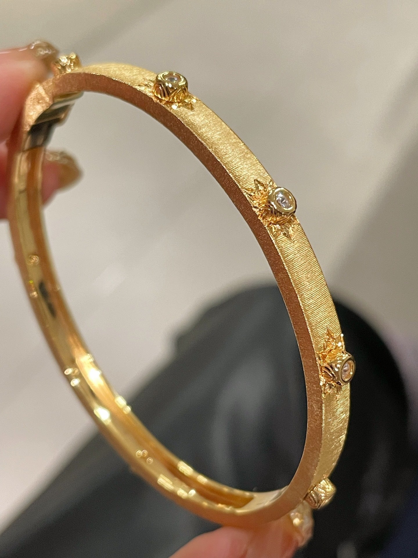 Handcrafted Starburst Brushed Bangle - Vintage 18K Gold Plated S925 Silver Bracelet - floysun