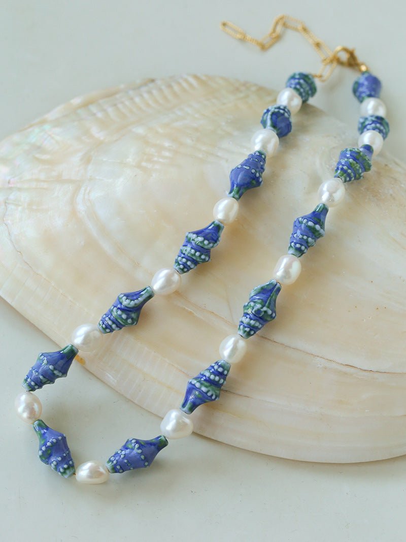 Handmade Ceramic Conch Freshwater Pearl Necklace - floysun