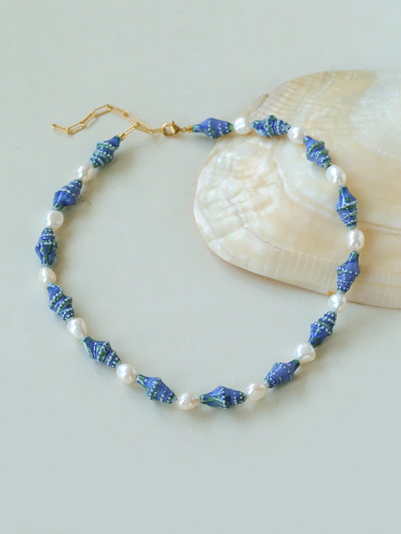 Handmade Ceramic Conch Freshwater Pearl Necklace - floysun
