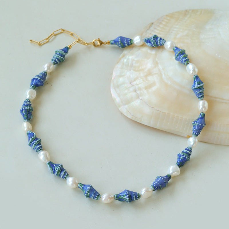 Handmade Ceramic Conch Freshwater Pearl Necklace - floysun