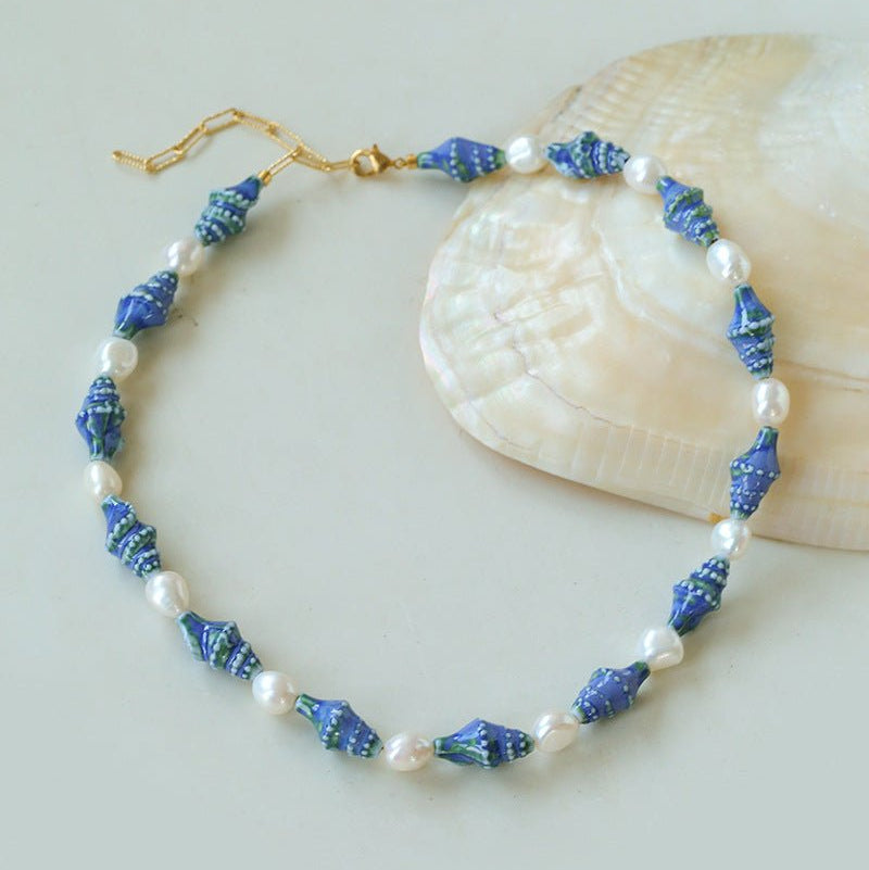 Handmade Ceramic Conch Freshwater Pearl Necklace - floysun