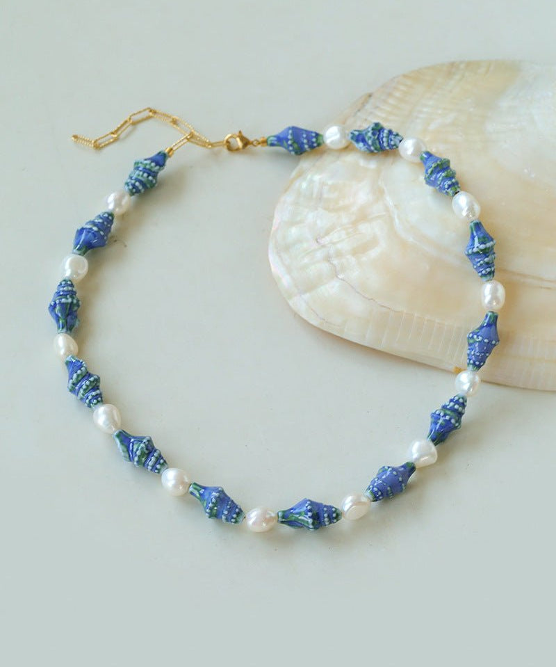 Handmade Ceramic Conch Freshwater Pearl Necklace - floysun