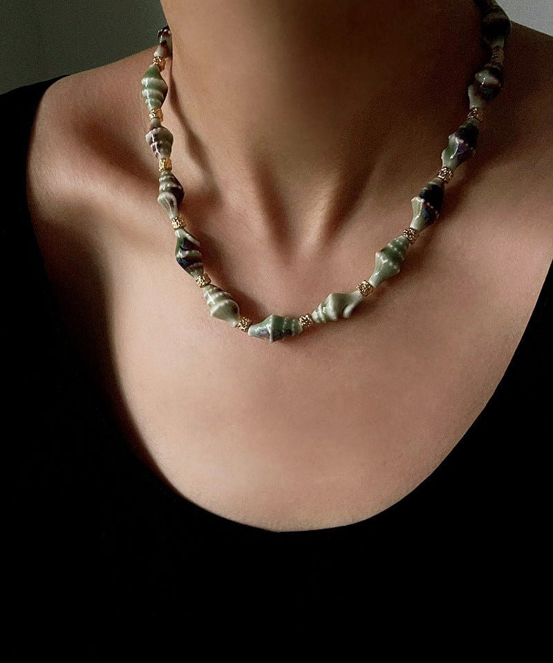 Handmade Ceramic Conch Freshwater Pearl Necklace - floysun