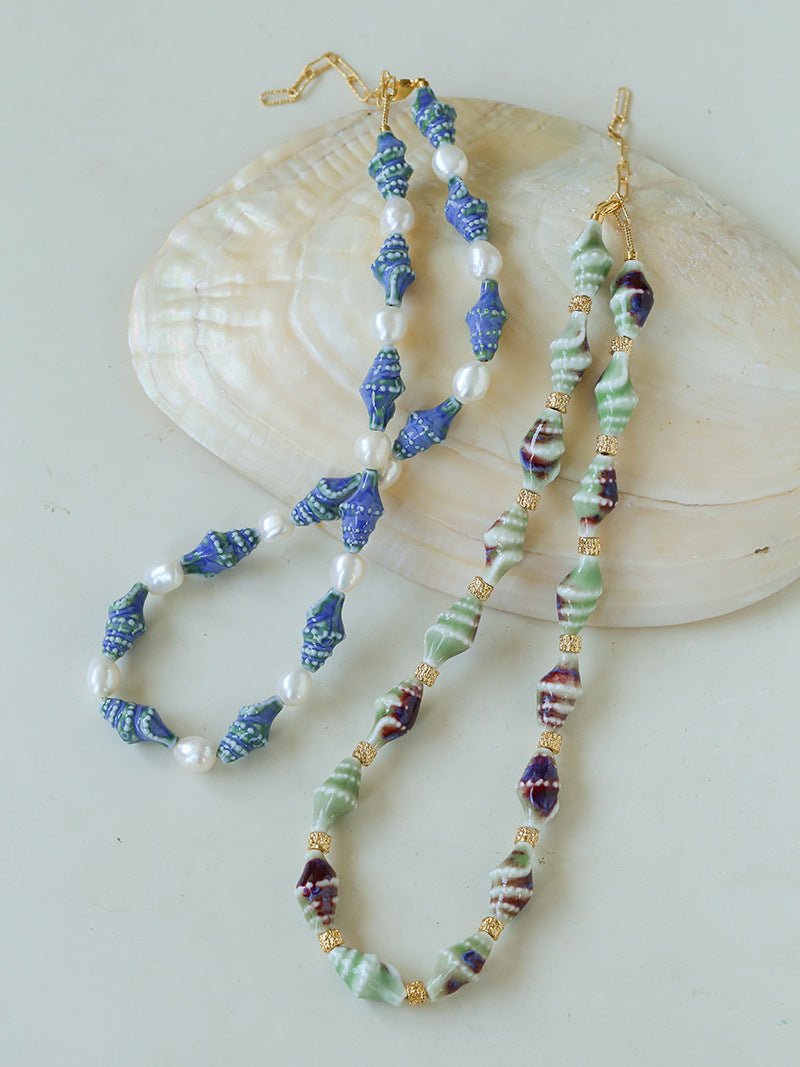 Handmade Ceramic Conch Freshwater Pearl Necklace - floysun