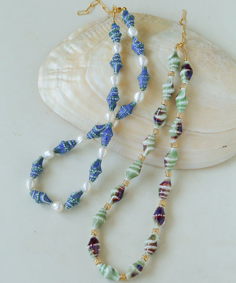 Handmade Ceramic Conch Freshwater Pearl Necklace - floysun