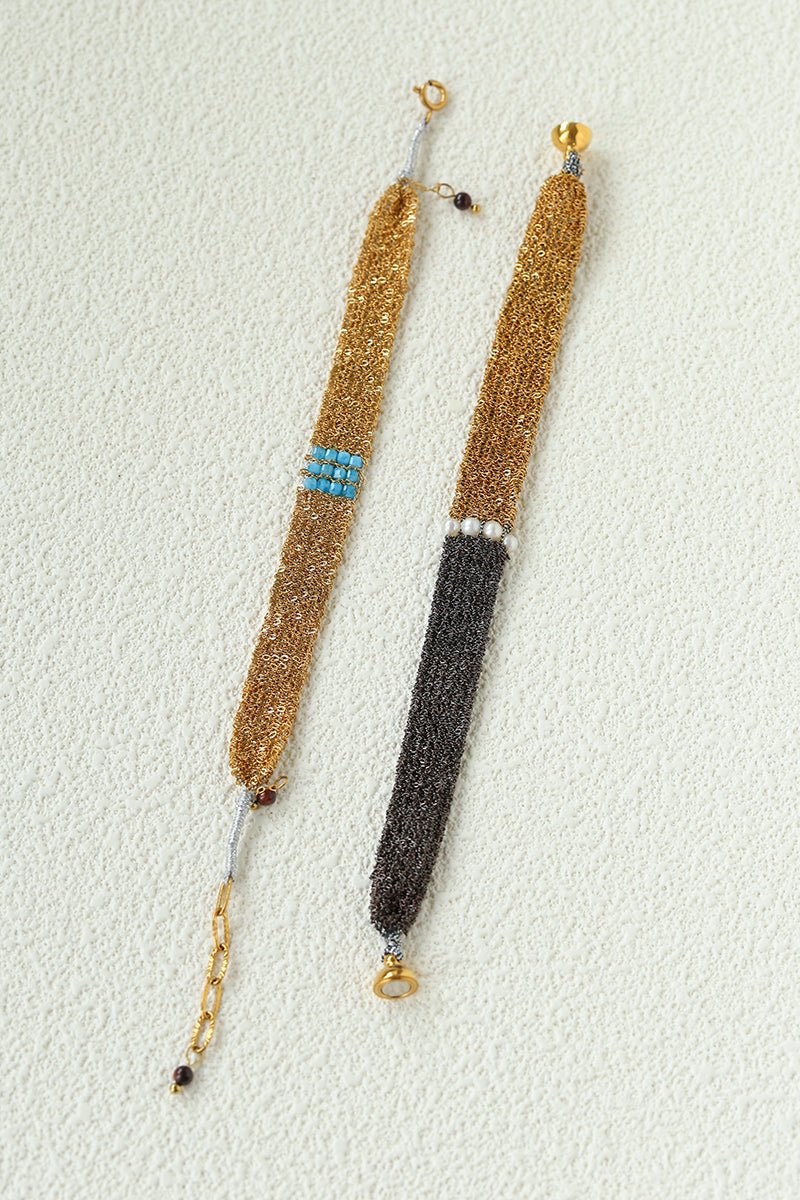 Handmade Mesh Chain Bracelet with Natural Pearl & Blue Natural Stone - floysun