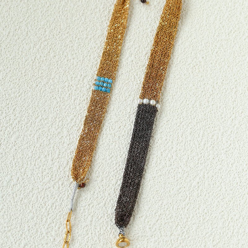 Handmade Mesh Chain Bracelet with Natural Pearl & Blue Natural Stone - floysun